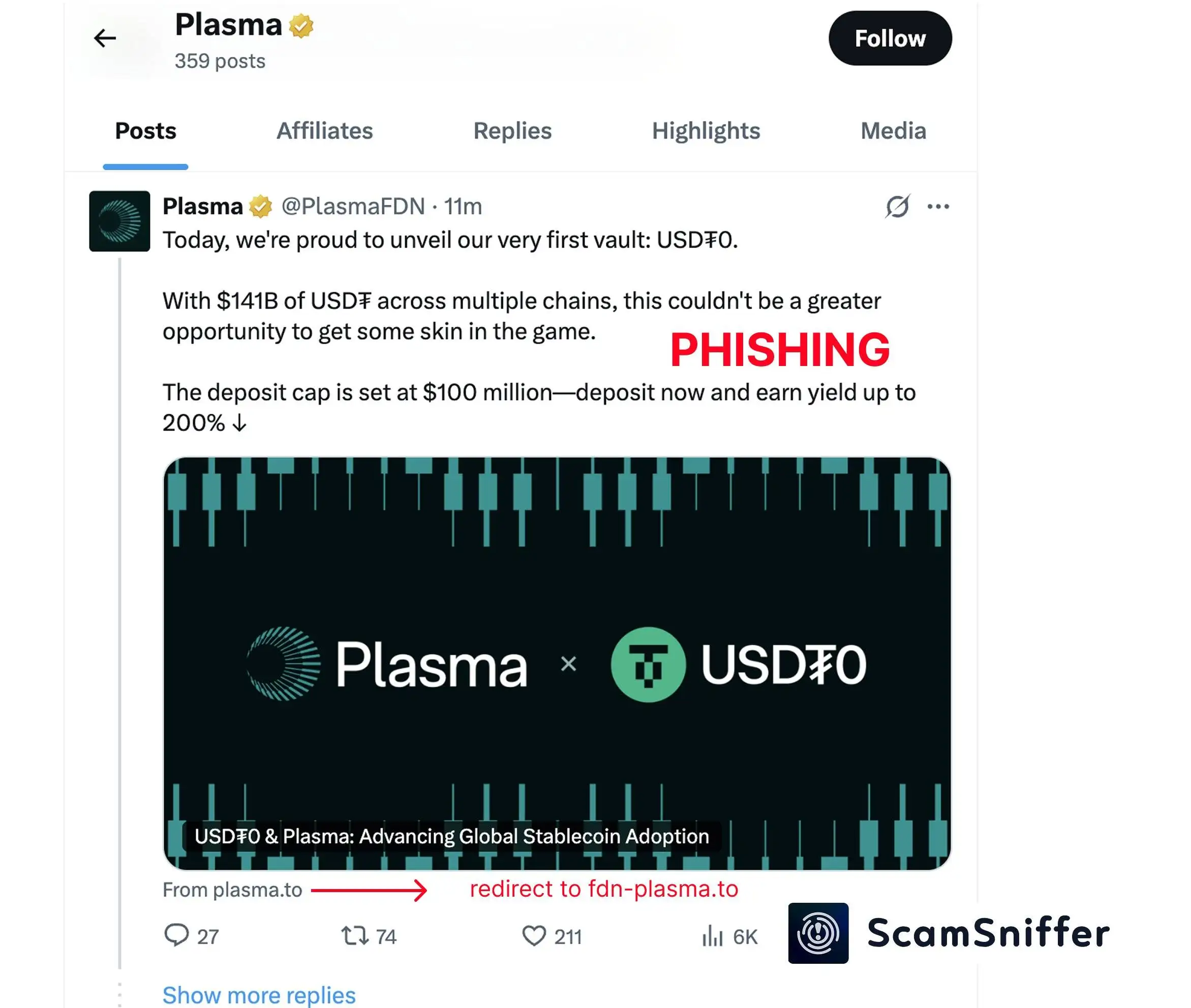 Plasma X官方账号遭入侵发布钓鱼推文 Scam Sniffer警示 Plasma X官方账号遭入侵发布钓鱼推文 Scam Sniffer警示