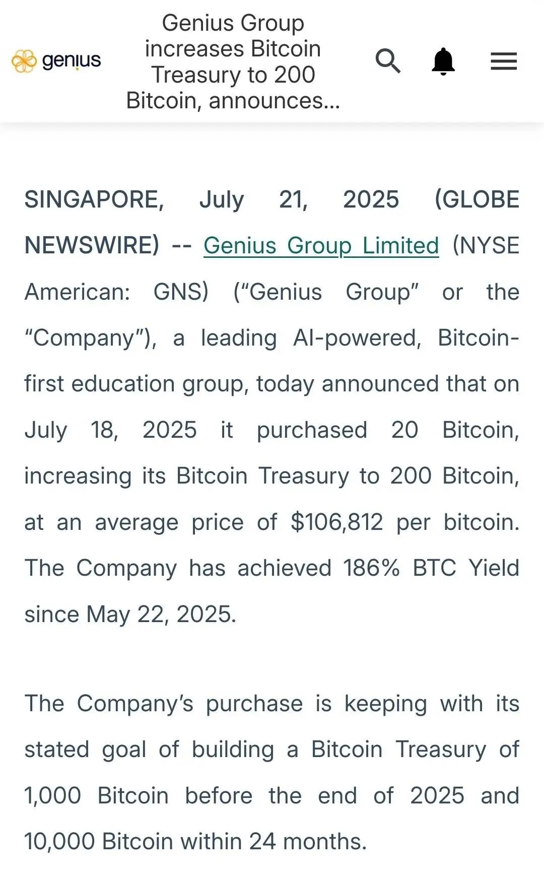 Genius Group 再度增持 20 枚比特币至 200 枚持仓 Genius Group 再度增持 20 枚比特币至 200 枚持仓