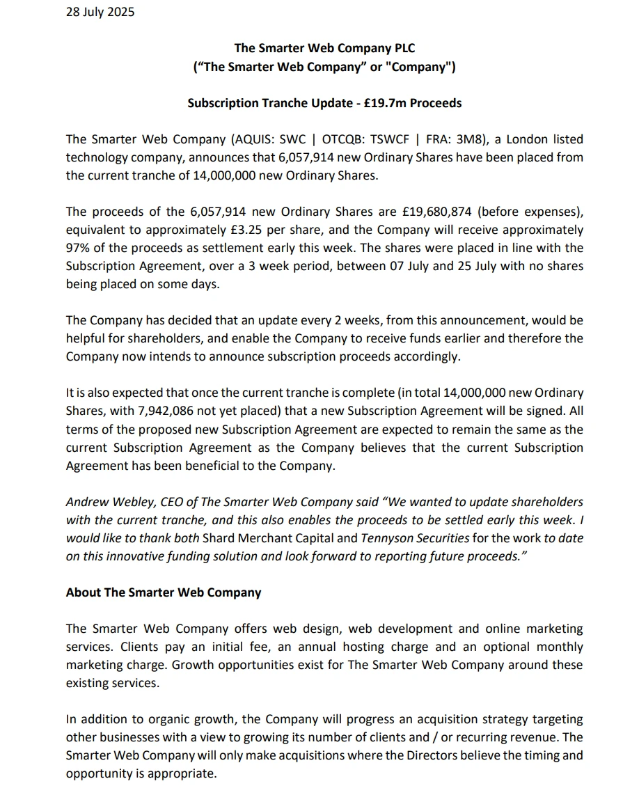 The Smarter Web Company完成605万英镑股票配售 The Smarter Web Company完成605万英镑股票配售