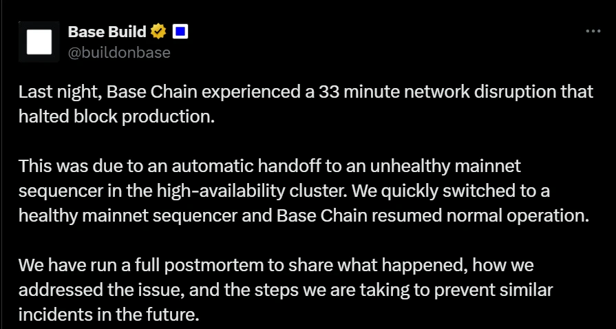 Base链8月6日网络中断33分钟,团队完成分析并计划公布解决方案 Base链8月6日网络中断33分钟,团队完成分析并计划公布解决方案