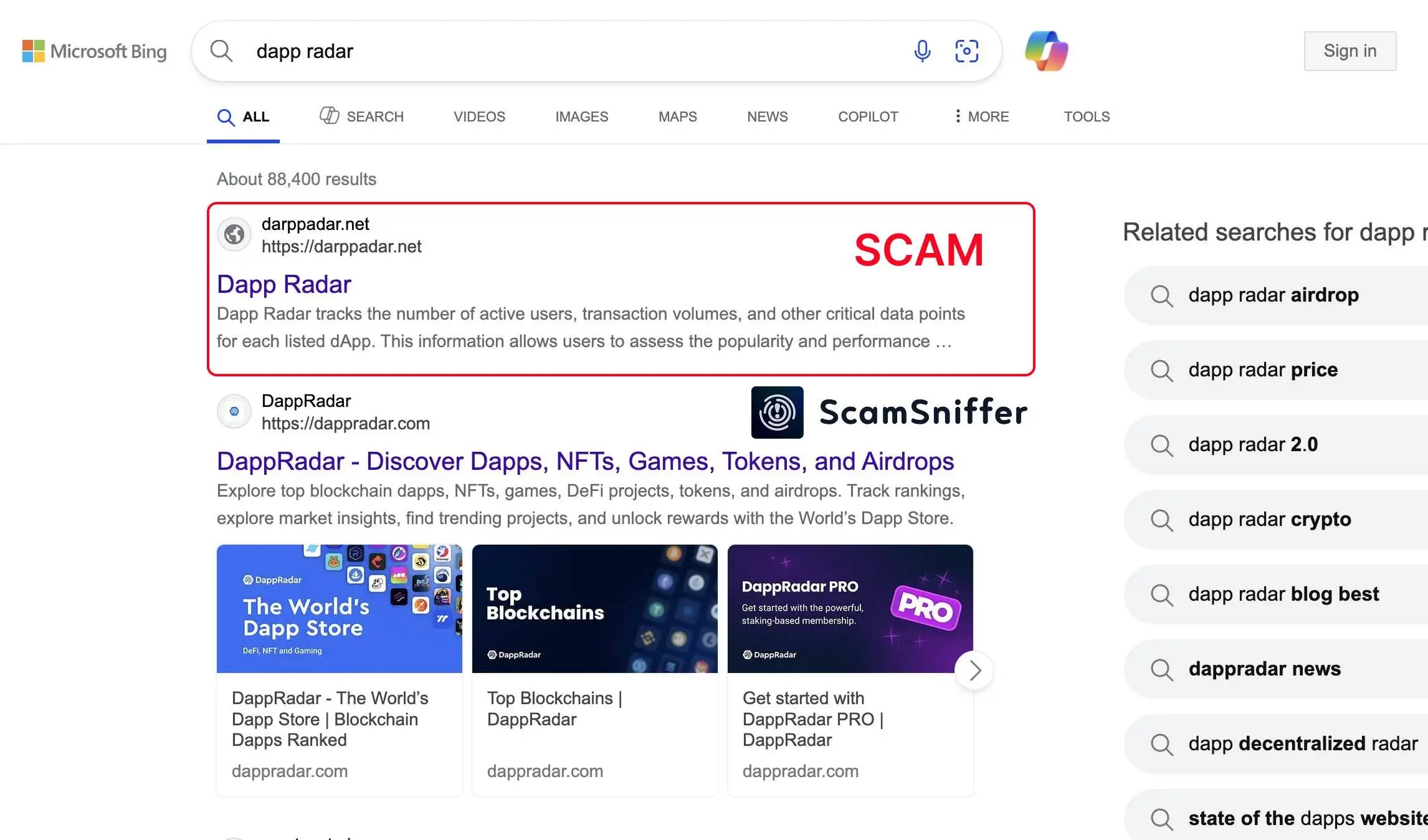 必应搜索DappRadar关键词现钓鱼网站居首 Scam Sniffer警示风险 必应搜索DappRadar关键词现钓鱼网站居首 Scam Sniffer警示风险