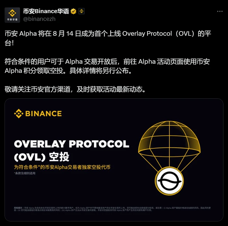 币安 Alpha 将于 8 月 14 日全球首发上线 Overlay Protocol（OVL）