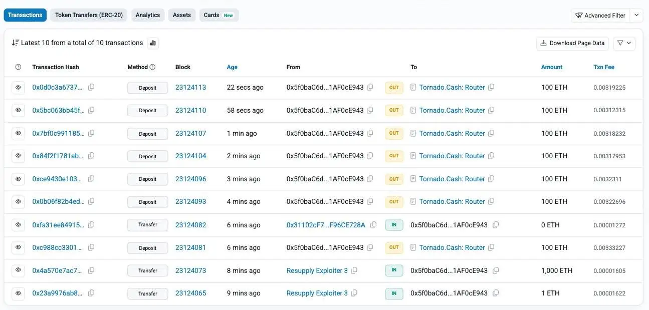 PeckShield监测到ResupplyFi Exploiter 3地址转移430万美元并启动资金清洗 PeckShield监测到ResupplyFi Exploiter 3地址转移430万美元并启动资金清洗