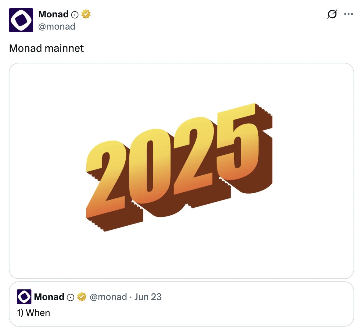 Monad官方推文暗示主网或于2025年上线 Monad官方推文暗示主网或于2025年上线