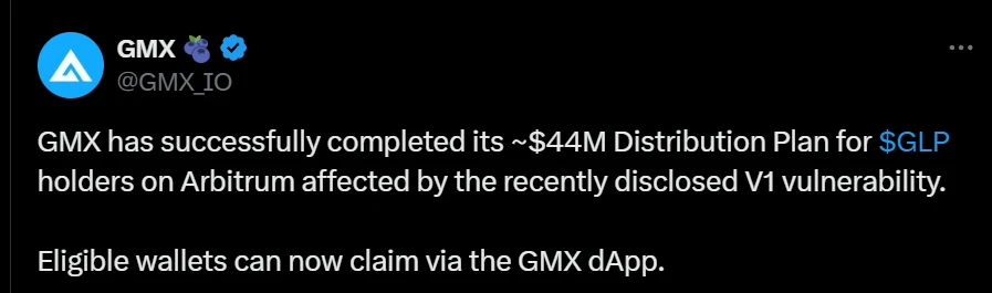 GMX完成V1漏洞补偿计划 向Arbitrum GLP用户提供4400万美元补偿 GMX完成V1漏洞补偿计划 向Arbitrum GLP用户提供4400万美元补偿