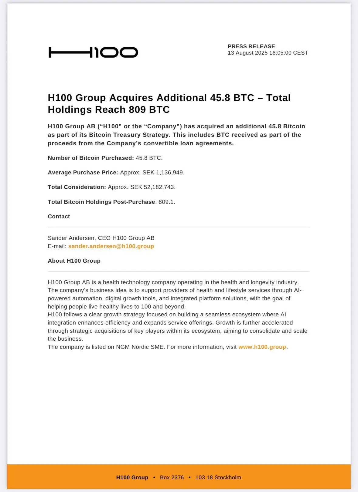 瑞典上市公司H100 Group增持45.8枚比特币 总持仓达809枚 瑞典上市公司H100 Group增持45.8枚比特币 总持仓达809枚
