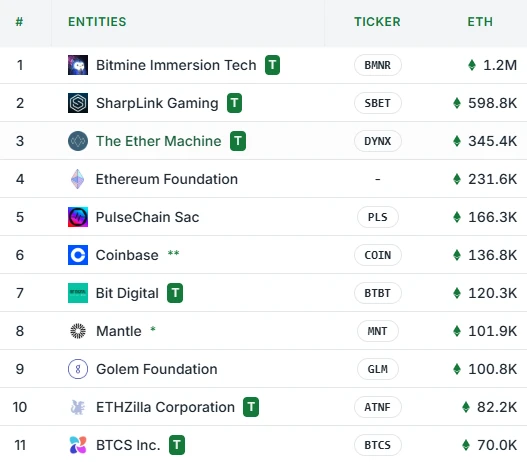 ETHZilla以太坊持仓量跃居全球第10位 ETHZilla以太坊持仓量跃居全球第10位