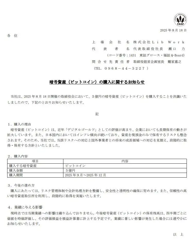 日本上市公司Lib Work计划分阶段购入5亿日元比特币应对通胀与国际布局 日本上市公司Lib Work计划分阶段购入5亿日元比特币应对通胀与国际布局