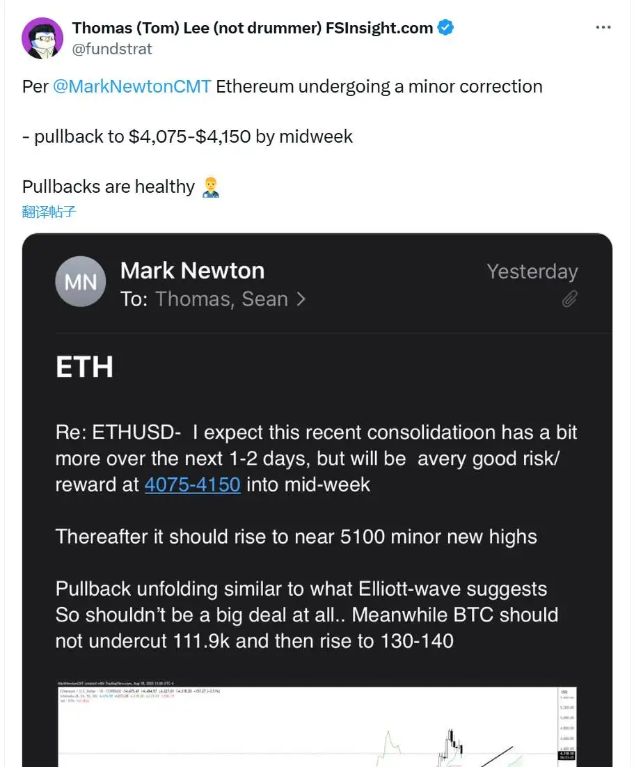 BitMine新任主席Tom Lee：以太坊回调属健康调整