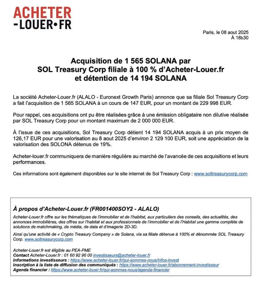 法国上市公司Acheter-Louer.fr子公司增持SOL至14,194枚,价值270万美元 法国上市公司Acheter-Louer.fr子公司增持SOL至14,194枚,价值270万美元