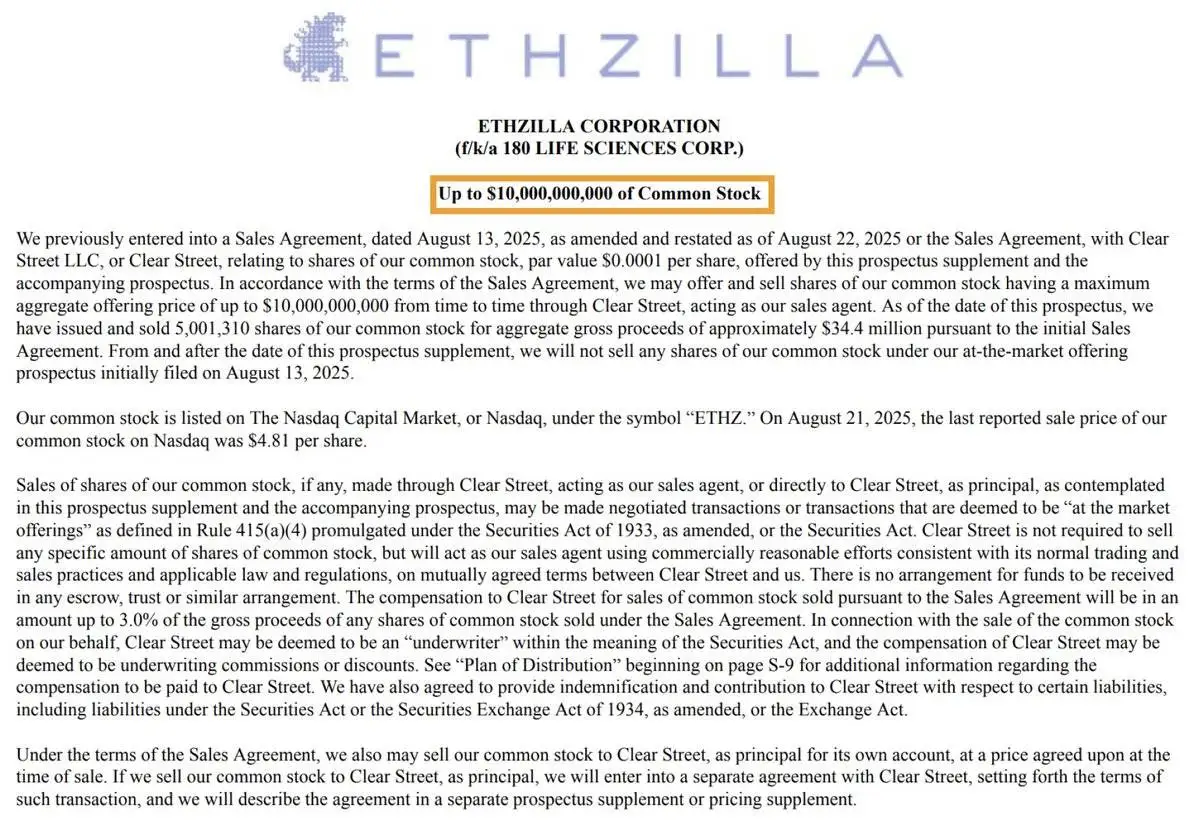 ETHZilla修订证券协议募资100亿美元用于增持ETH ETHZilla修订证券协议募资100亿美元用于增持ETH