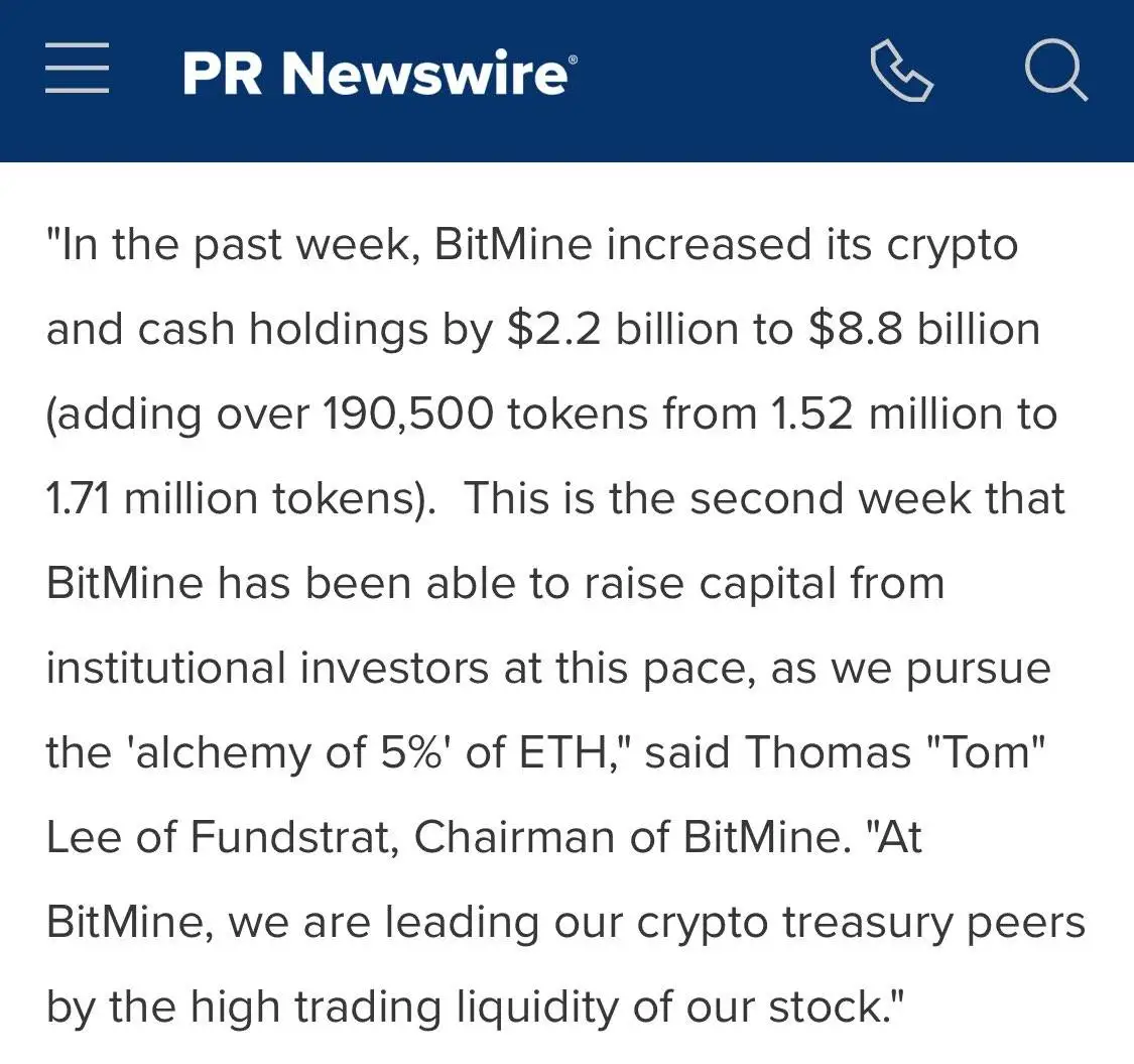 Bitmine加密资产持仓突破88亿美元 连续两周增持19万ETH达成流通量5%目标 Bitmine加密资产持仓突破88亿美元 连续两周增持19万ETH达成流通量5%目标