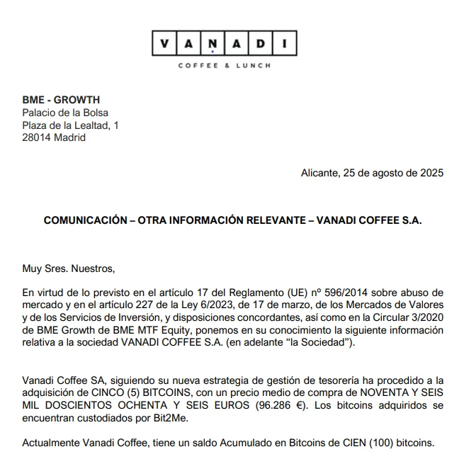 西班牙咖啡连锁品牌Vanadi Coffee比特币持仓增至100枚 西班牙咖啡连锁品牌Vanadi Coffee比特币持仓增至100枚