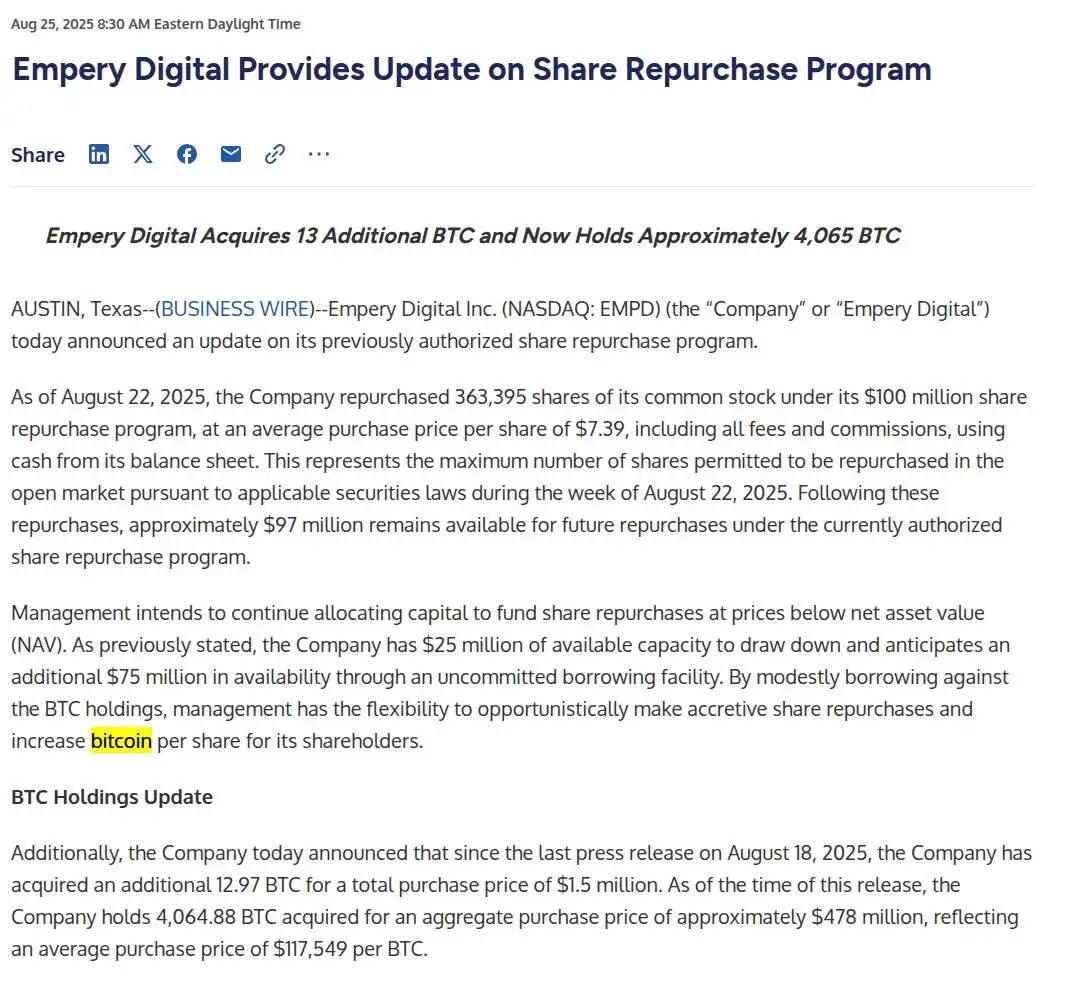 Empery Digital增持13枚比特币 总持仓达4,065枚 Empery Digital增持13枚比特币 总持仓达4,065枚