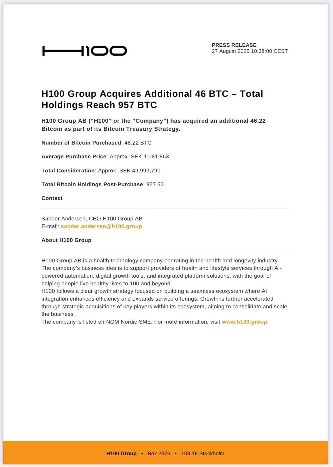 瑞典H100 Group增持46枚比特币 总持仓达957枚