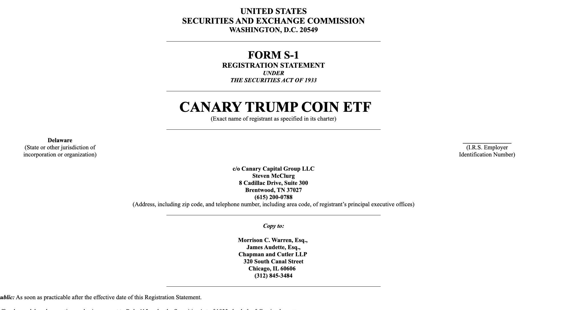 Canary Capital提交S-1文件计划推出TRUMP ETF