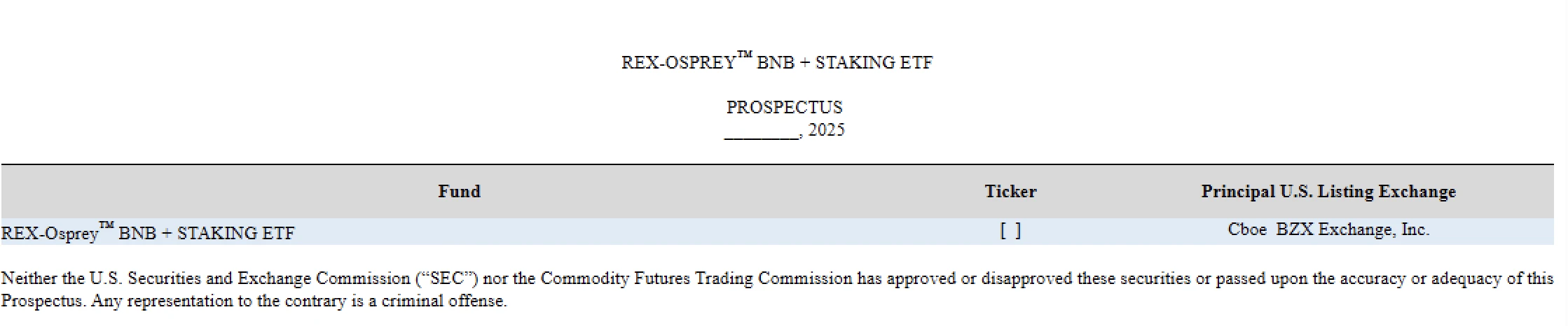 Rex Shares申请推出BNB质押ETF，彭博分析师透露