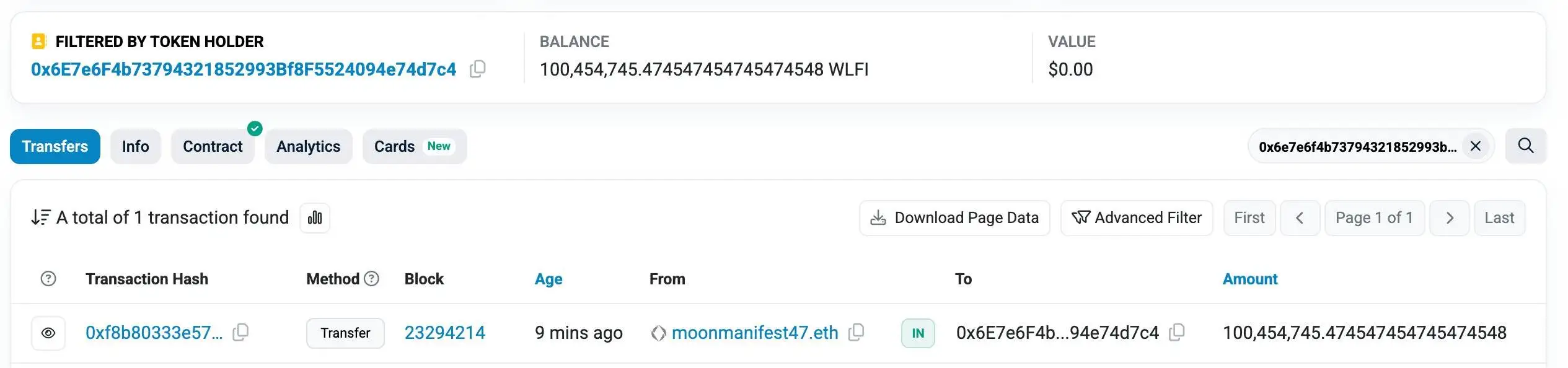 链上数据显示moonmanifest47.eth向新地址转移1亿WLFI代币