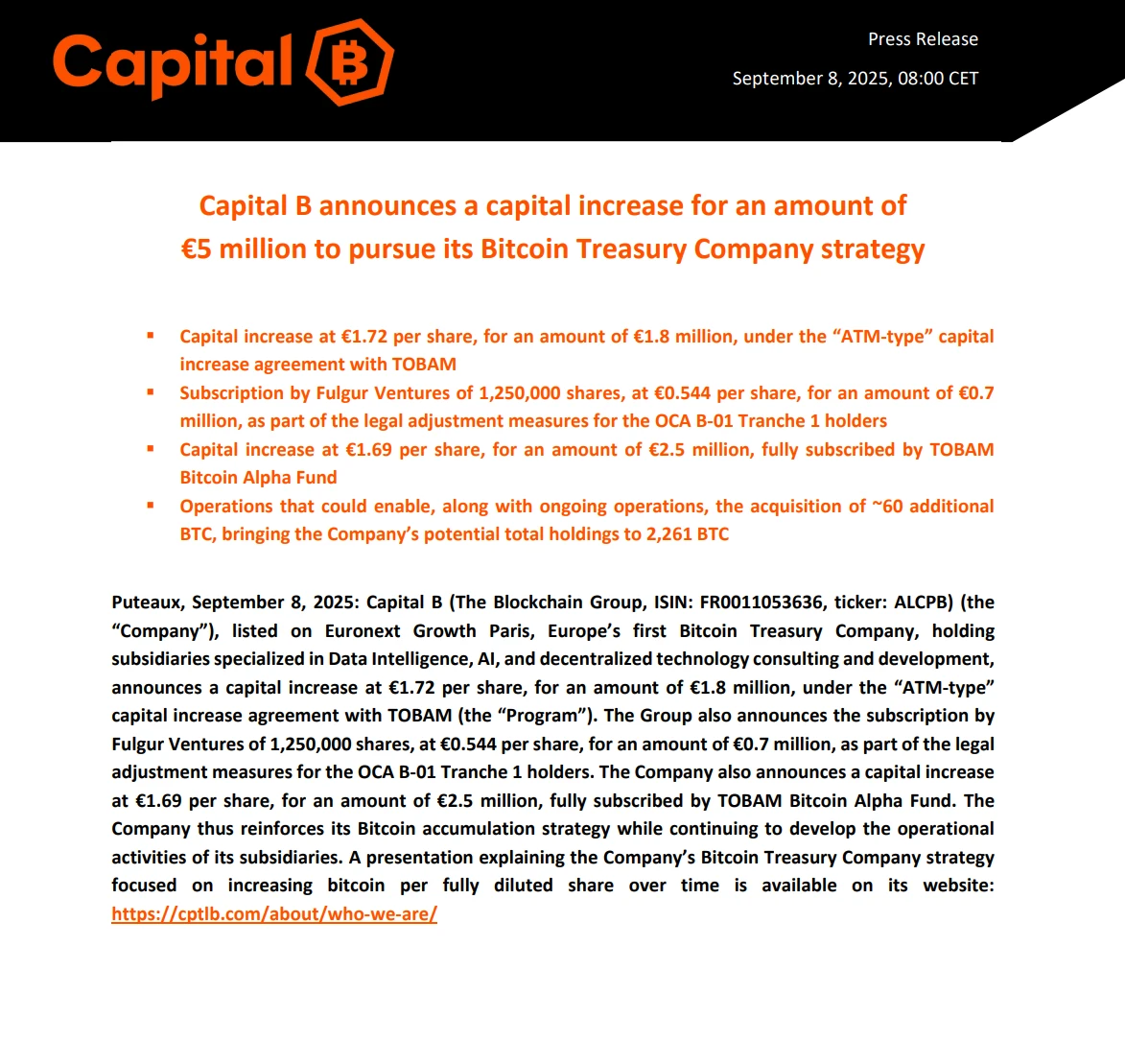 法国上市公司Capital B完成580万美元融资以增持比特币储备 法国上市公司Capital B完成580万美元融资以增持比特币储备