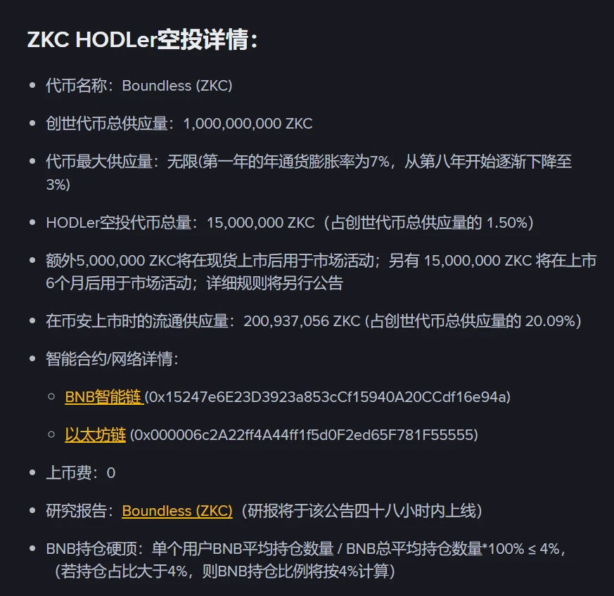 币安HODLer空投第39期项目Boundless（ZKC）上线，9月15日开启交易