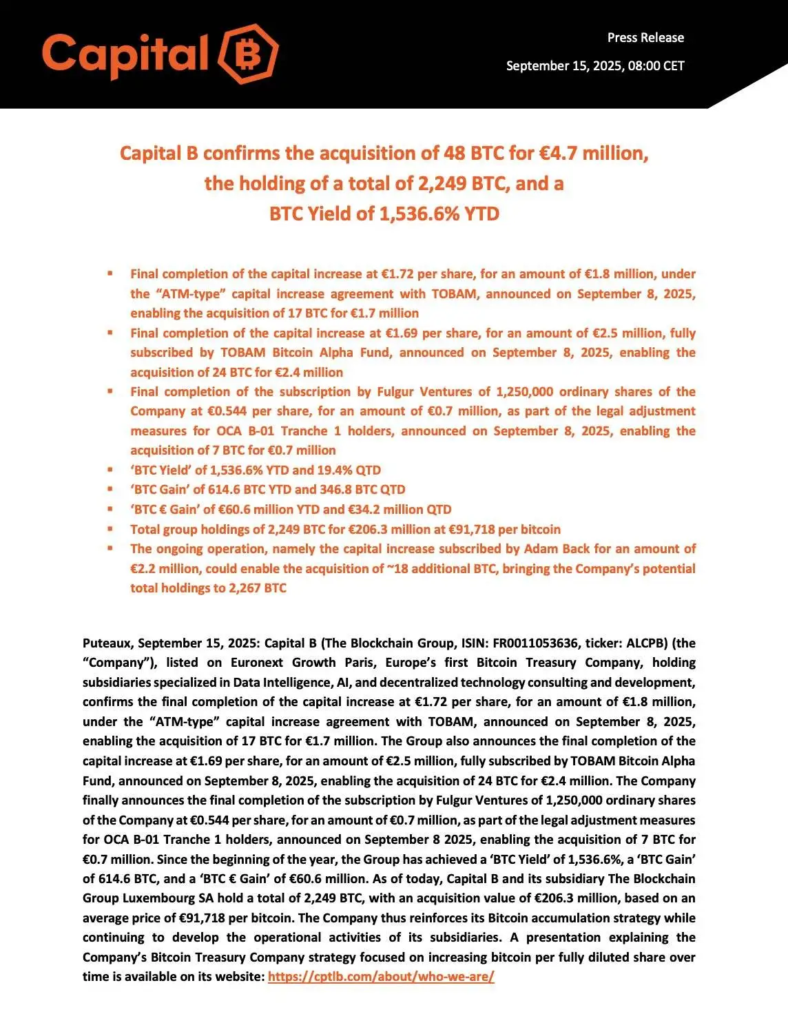 法国上市公司Capital B增持48枚BTC，累计持有量达2249枚